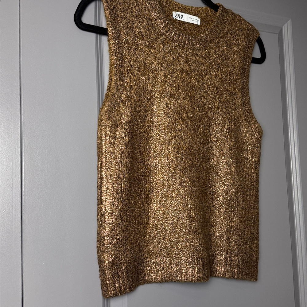 ZARA Gold Foil Brown Cableknit Sweater